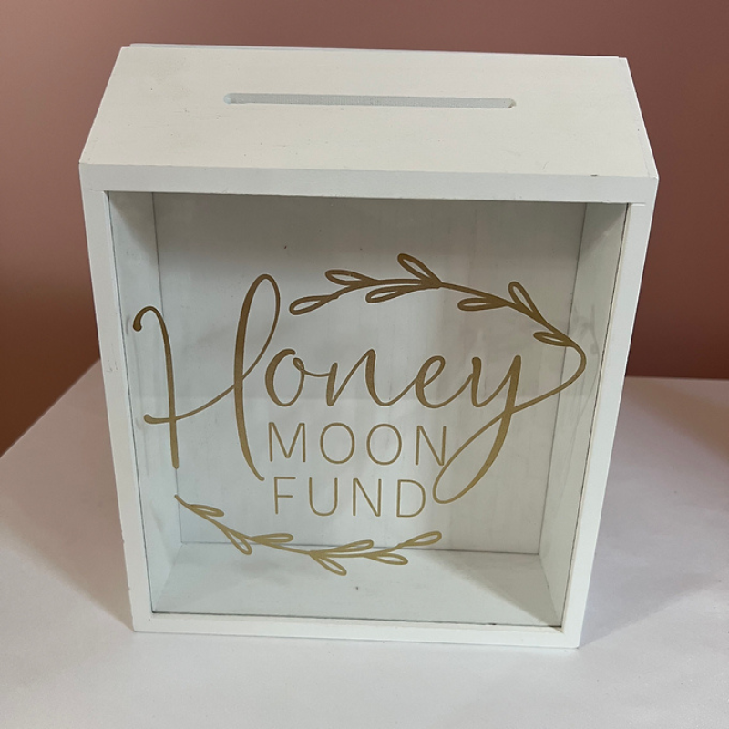 Wooden Honeymoon Fund Card Box with Gold Lettering